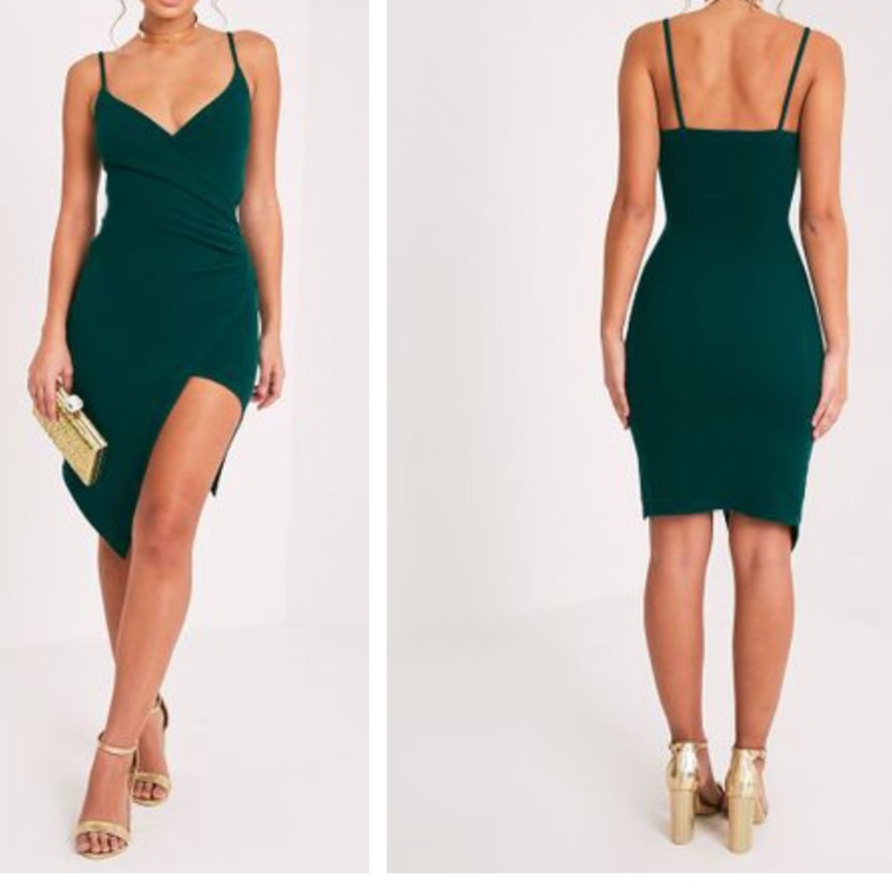 Forest green: high low v neck bodycon dress